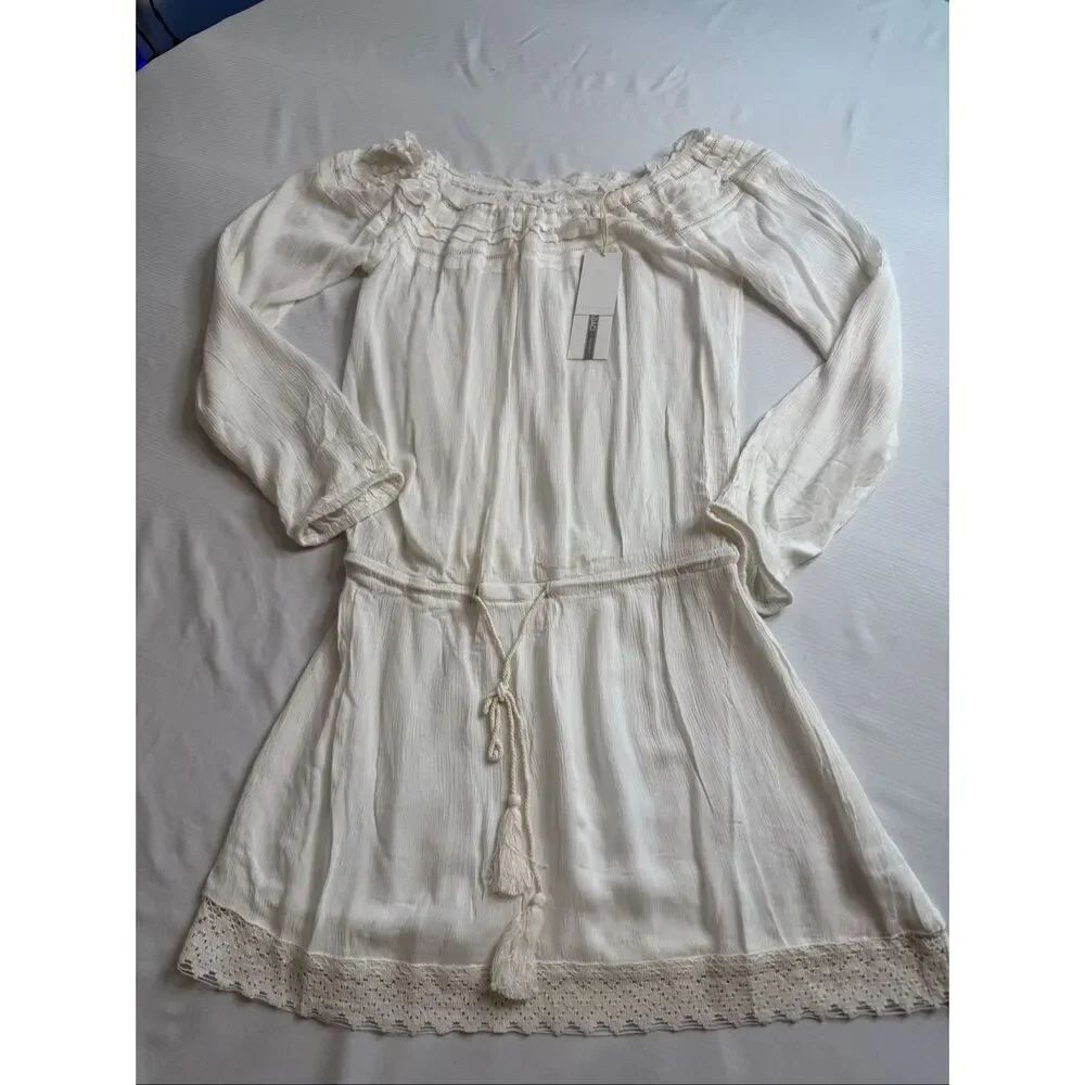NWT Lagaci Off The Shoulder White Boho Peasant Lace Trim Dress Size Medium New